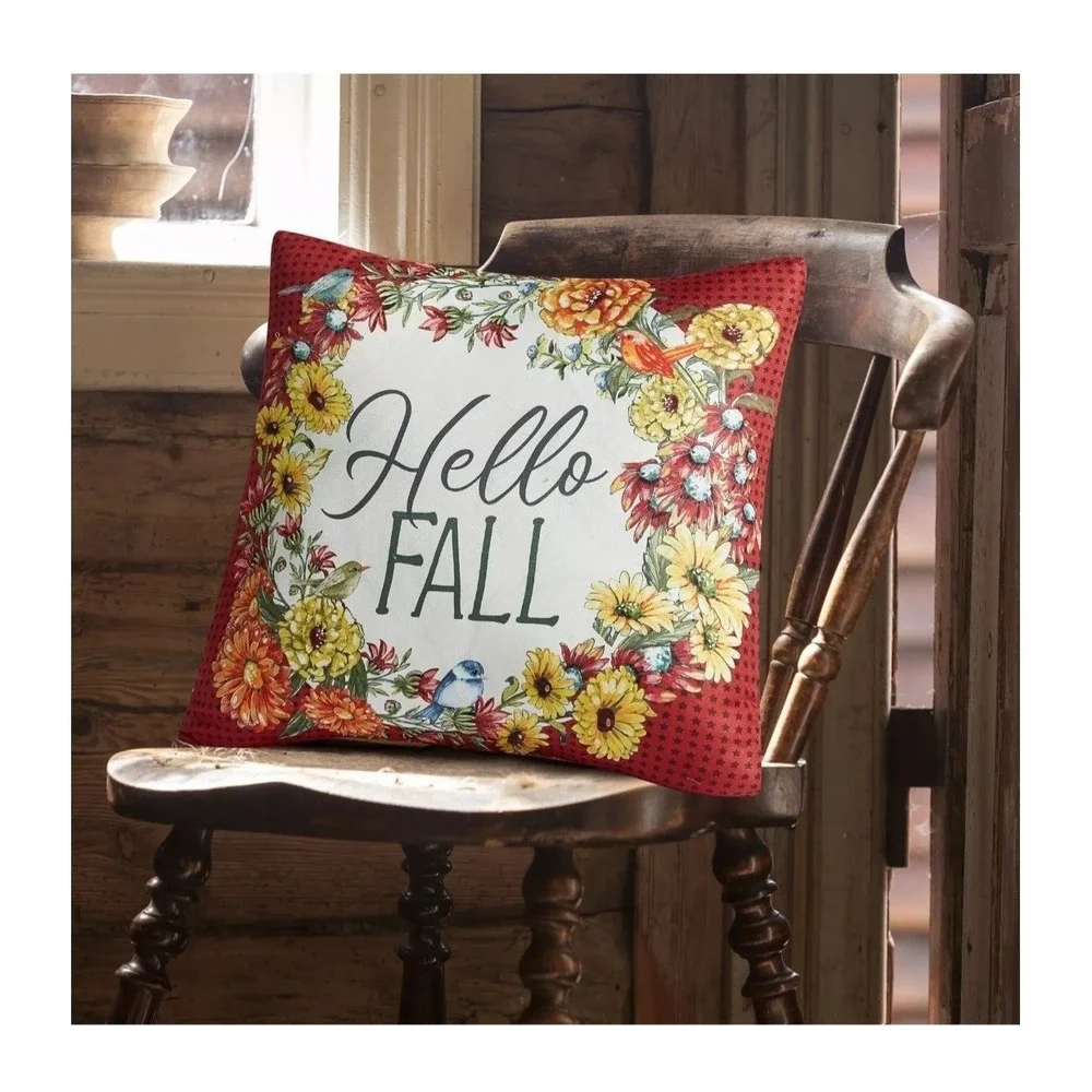 Farmhouse Cottagecore Hello Fall Accent Pillow 18x18 Red Floral Plaid Reversible